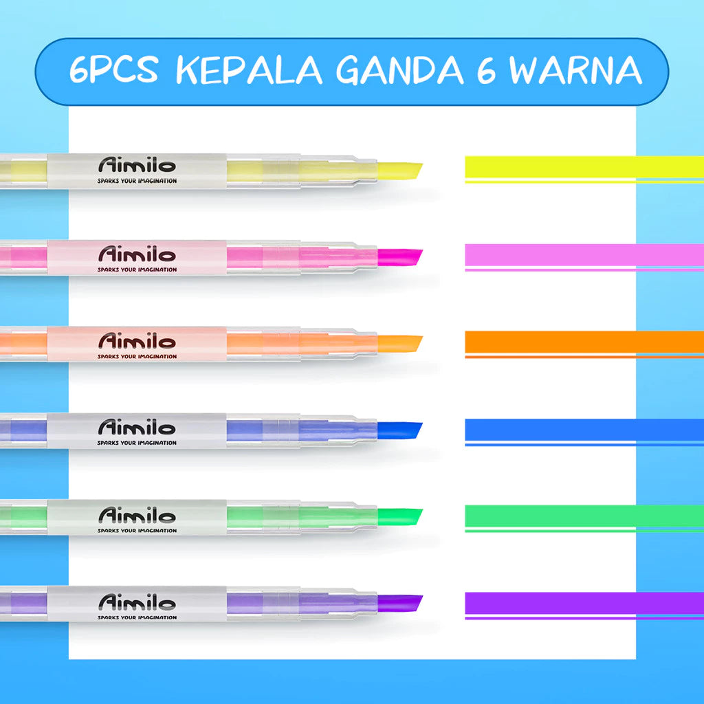 Aimilo Highlighter Pastel 1 Set Spidol Penanda 2 Sisi 6 PCS