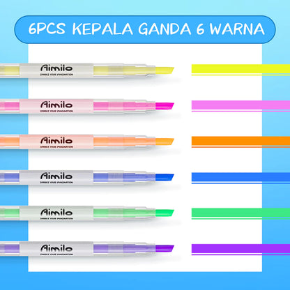 Aimilo Highlighter Pastel 1 Set Spidol Penanda 2 Sisi 6 PCS
