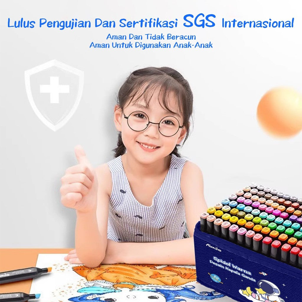 [READY] Aimilo Spidol Warna Warni 1 Set Kemasan Kartun Sketch Marker 2 Tip Marker Set 48/60/80 Warna