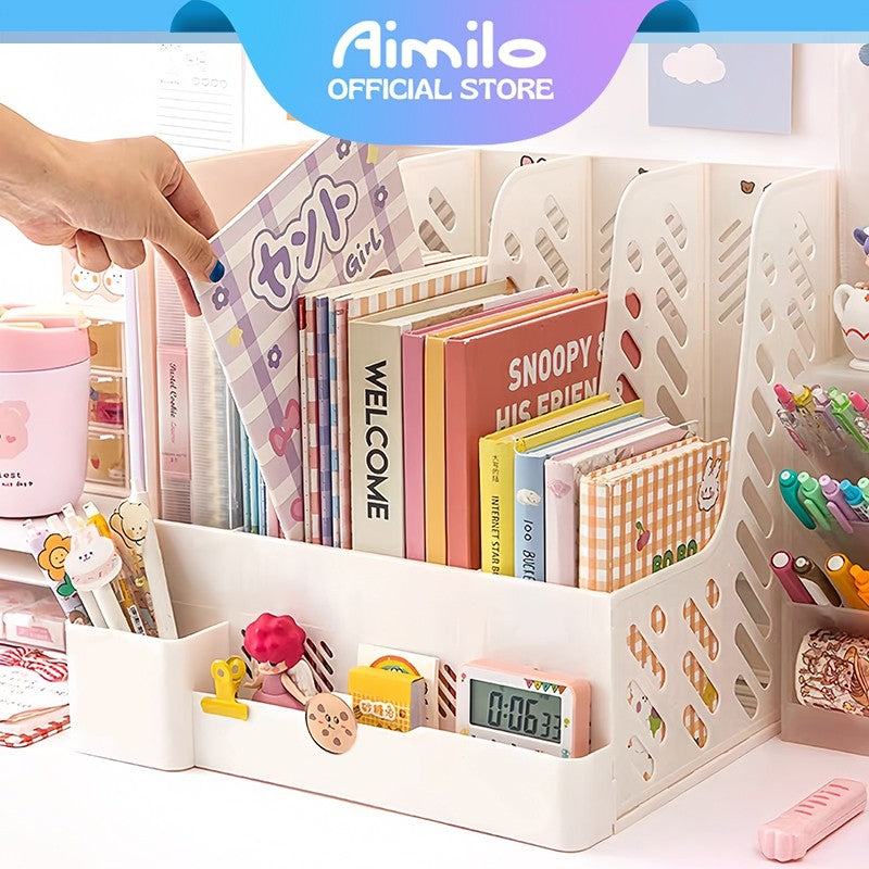Aimilo Rak Buku Minimalis Aesthetic Tempat Buku Desktop Organizer File Serbaguna Box File Rak Buku Sekat