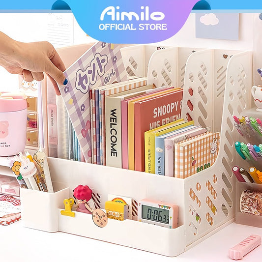 Aimilo Rak Buku Minimalis Aesthetic Tempat Buku Desktop Organizer File Serbaguna Box File Rak Buku Sekat