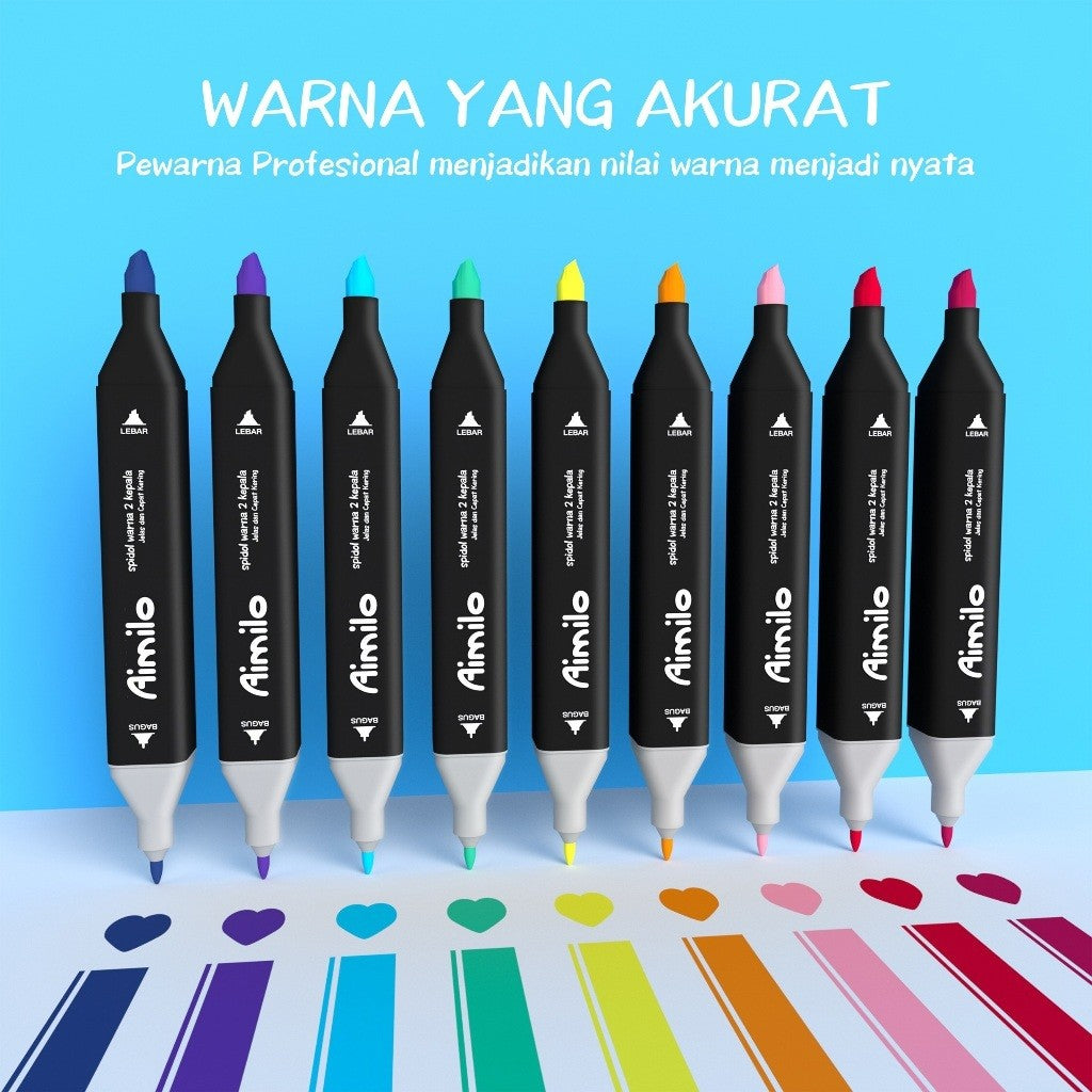 [READY] Aimilo Spidol Warna Warni 1 Set Kemasan Kartun Sketch Marker 2 Tip Marker Set 48/60/80 Warna