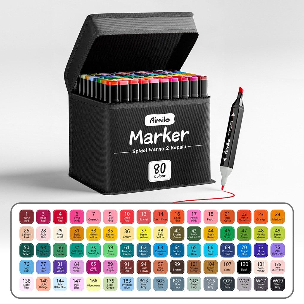 [READY] Aimilo Spidol Warna Warni 1 Set Kemasan Kartun Sketch Marker 2 Tip Marker Set 48/60/80 Warna