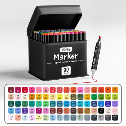 [READY] Aimilo Spidol Warna Warni 1 Set Kemasan Kartun Sketch Marker 2 Tip Marker Set 48/60/80 Warna