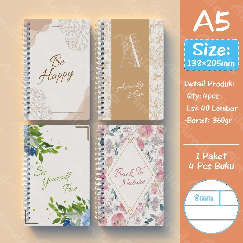 [READY] Aimilo Notebook A5 1 Paket 4 Pcs Buku Diary Aesthetic Buku Jurnal Aesthetic Sekolah 40 Lembar