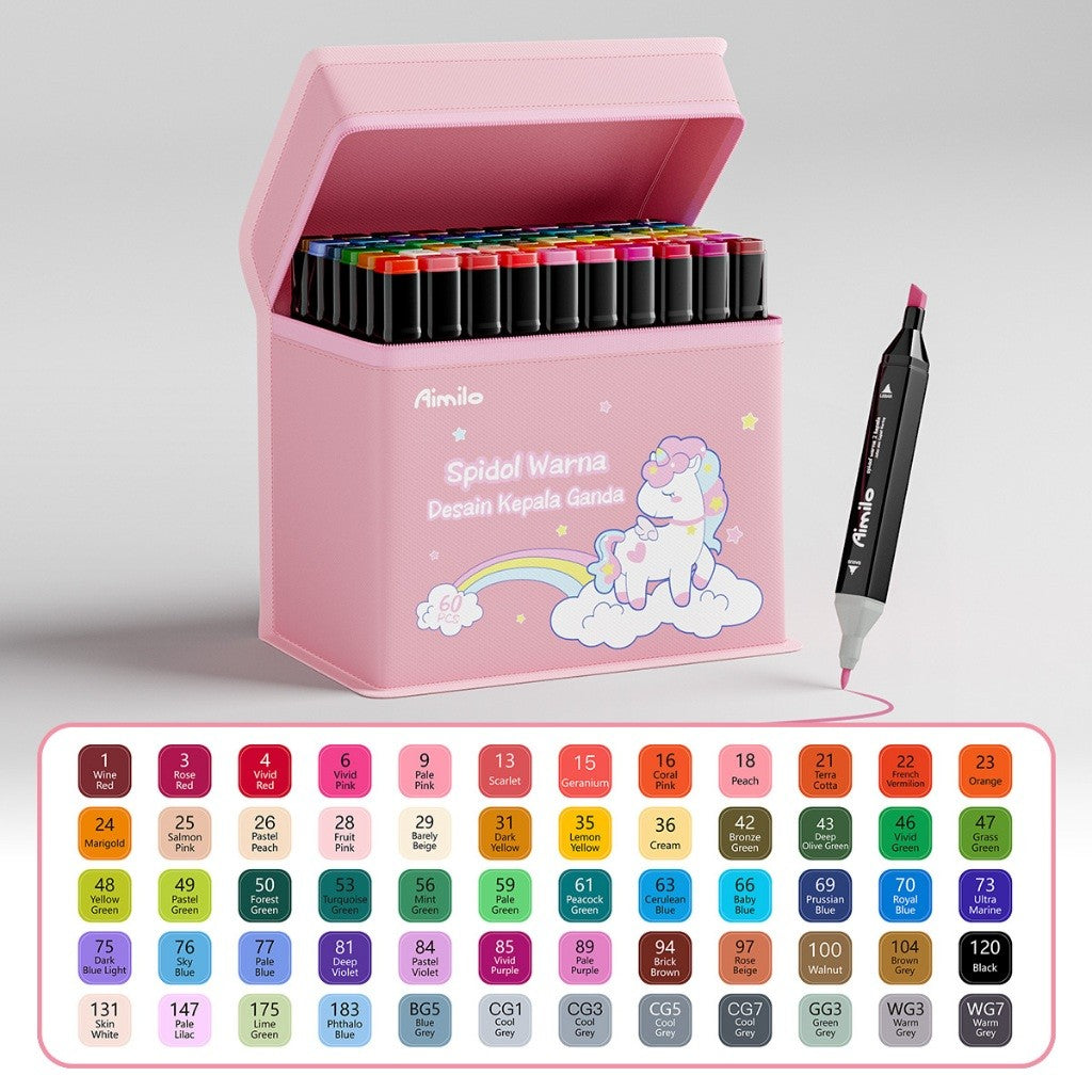 [READY] Aimilo Spidol Warna Warni 1 Set Kemasan Kartun Sketch Marker 2 Tip Marker Set 48/60/80 Warna