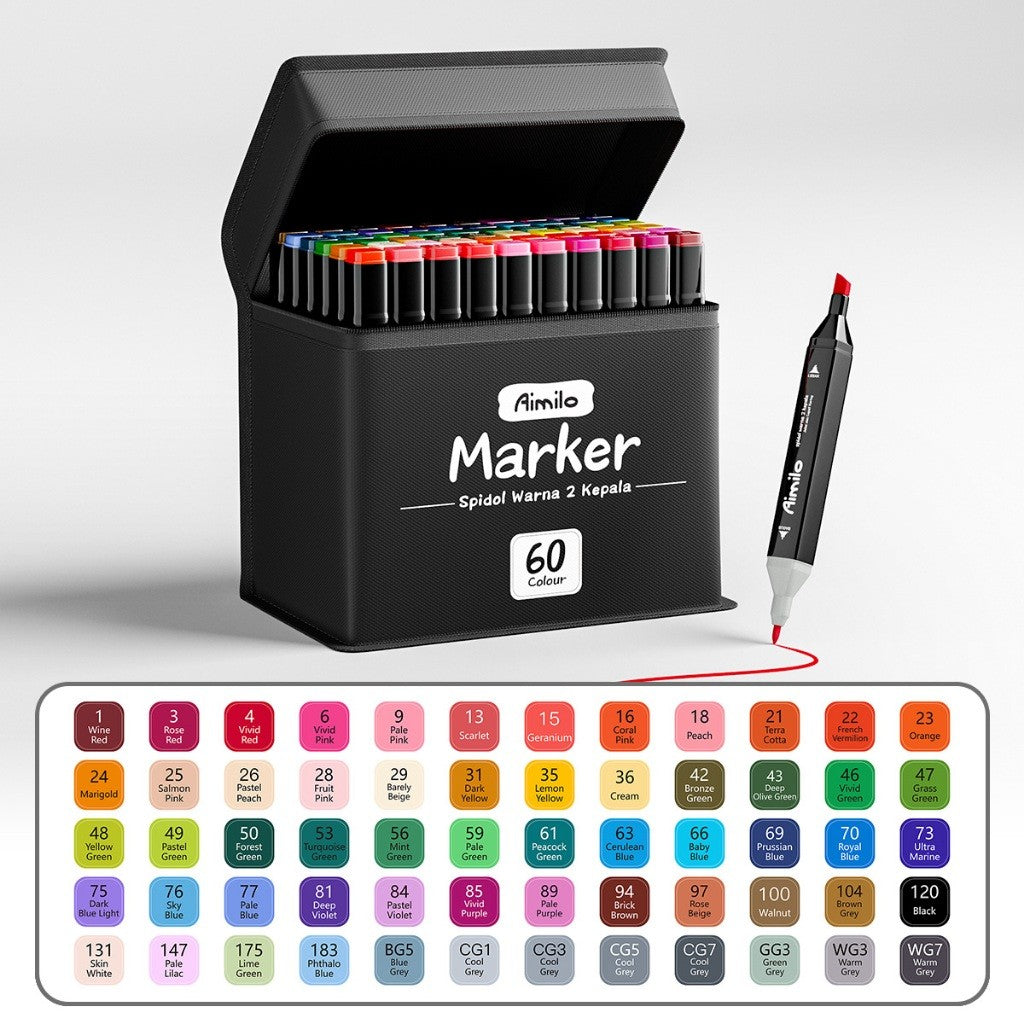[READY] Aimilo Spidol Warna Warni 1 Set Sketch Marker 2 Tip Touch Marker 48/60/80 Warna