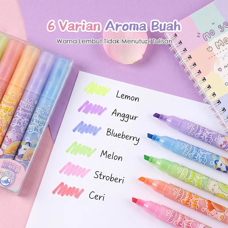 Aimilo Highlighter Pastel 1 Set Aroma Buah Segar Spidol Warna 6 PCS Aman Untuk Anak Tidak Menyengat
