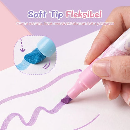 Aimilo Highlighter Glitter Pastel 1 Set Spidol Warna 2 Sisi 5 PCS 10 Warna