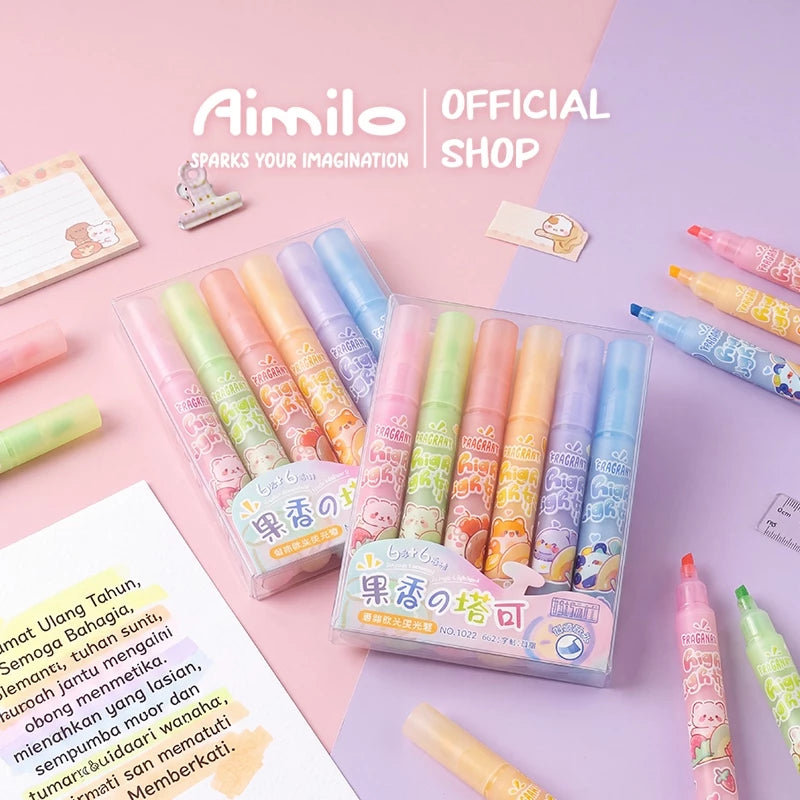 Aimilo Highlighter Pastel 1 Set Aroma Buah Segar Spidol Warna 6 PCS Aman Untuk Anak Tidak Menyengat