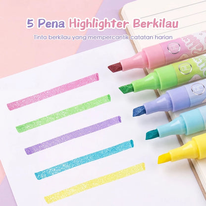 Aimilo Highlighter Glitter Pastel 1 Set Spidol Warna 2 Sisi 5 PCS 10 Warna
