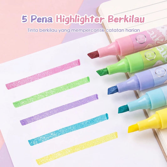 Aimilo Highlighter Glitter Pastel 1 Set Spidol Warna 2 Sisi 5 PCS 10 Warna