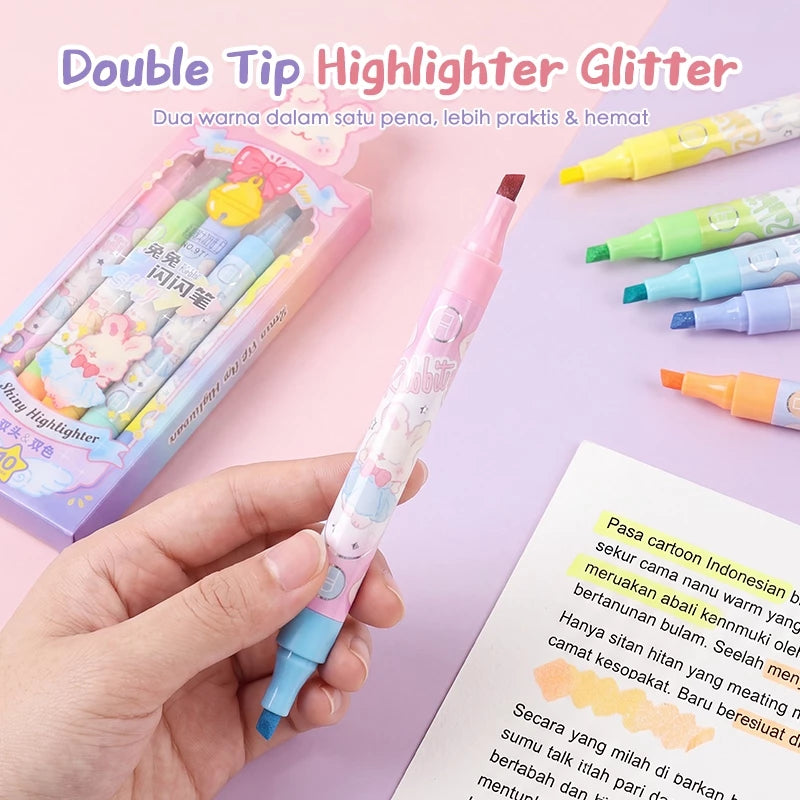 Aimilo Highlighter Glitter Pastel 1 Set Spidol Warna 2 Sisi 5 PCS 10 Warna