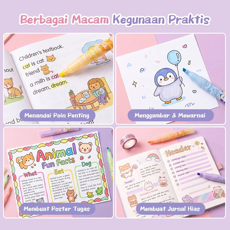 Aimilo Highlighter Pastel 1 Set Aroma Buah Segar Spidol Warna 6 PCS Aman Untuk Anak Tidak Menyengat