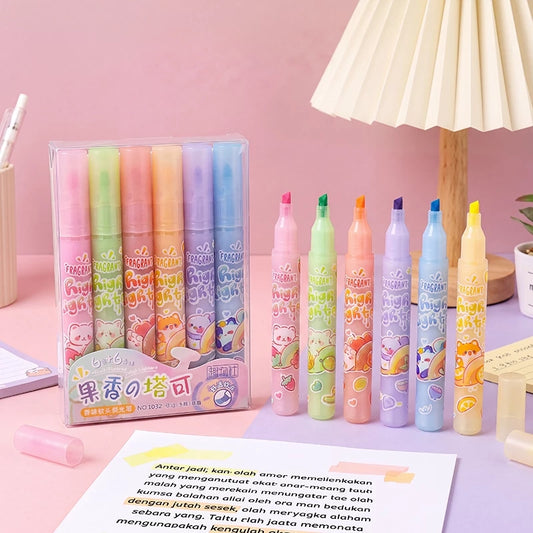 Aimilo Highlighter Pastel 1 Set Aroma Buah Segar Spidol Warna 6 PCS Aman Untuk Anak Tidak Menyengat