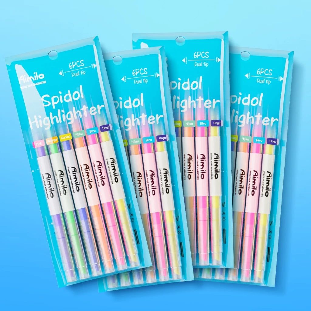 Aimilo Highlighter Pastel 1 Set Spidol Penanda 2 Sisi 6 PCS
