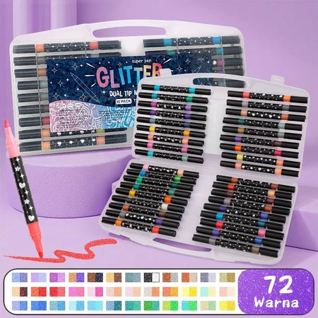 Aimilo Spidol Glitter Marker Set 2 Sisi 2 Warna Brush Pen 24/48/72/96 Warna Alat Gambar Anak
