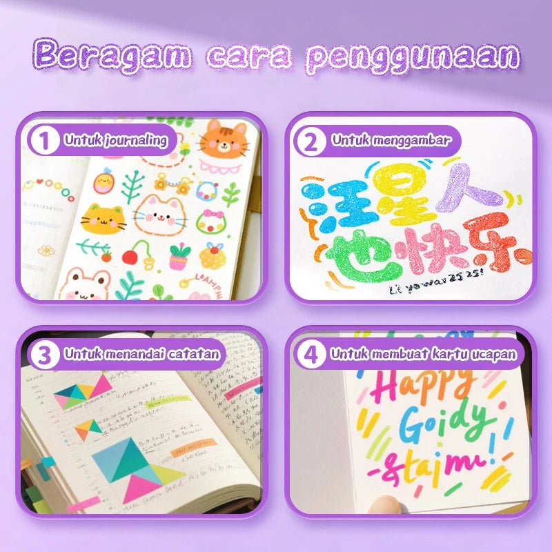 Aimilo Spidol Glitter Marker Set 2 Sisi 2 Warna Brush Pen 24/48/72/96 Warna Alat Gambar Anak