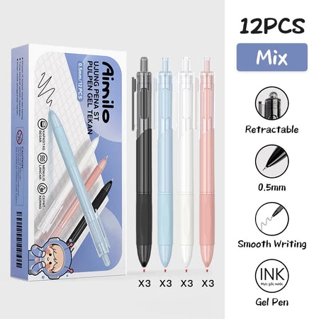 Aimilo Gel Pen Isi 12PCS Pulpen Gel Retractable 4 Warna 0.5mm