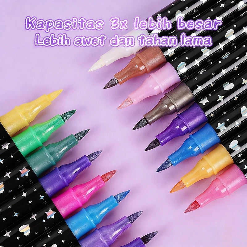 Aimilo Spidol Glitter Marker Set 2 Sisi 2 Warna Brush Pen 24/48/72/96 Warna Alat Gambar Anak