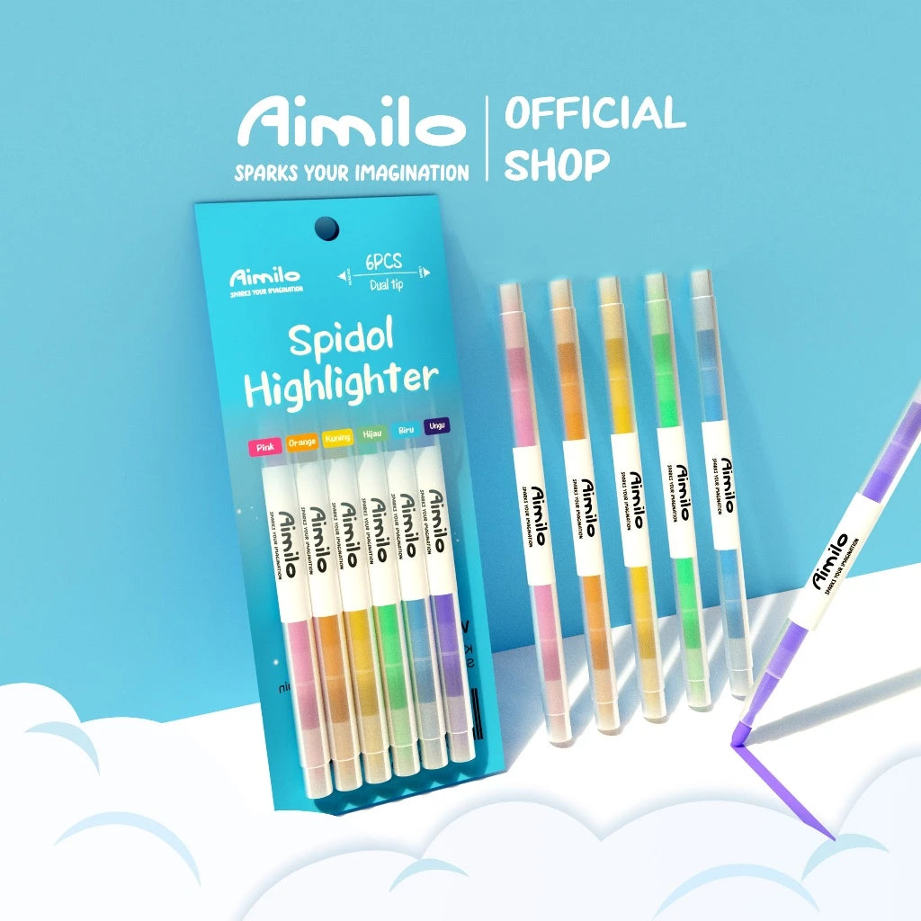 Aimilo Highlighter Pastel 1 Set Spidol Penanda 2 Sisi 6 PCS