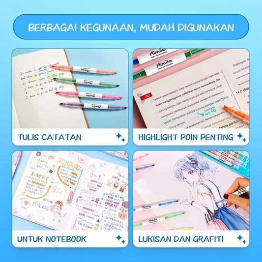 Aimilo Highlighter Pastel 1 Set Spidol Penanda 2 Sisi 6 PCS