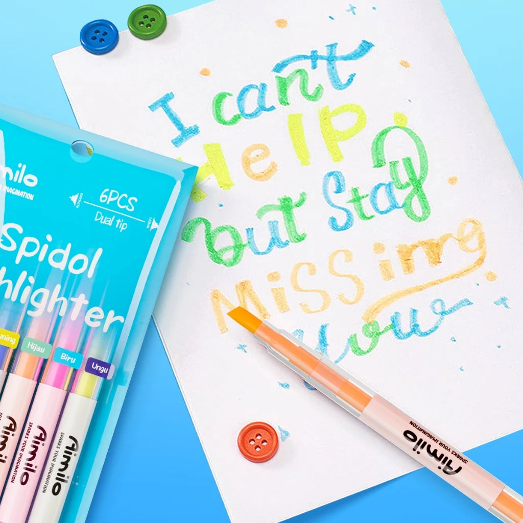 Aimilo Highlighter Pastel 1 Set Spidol Penanda 2 Sisi 6 PCS
