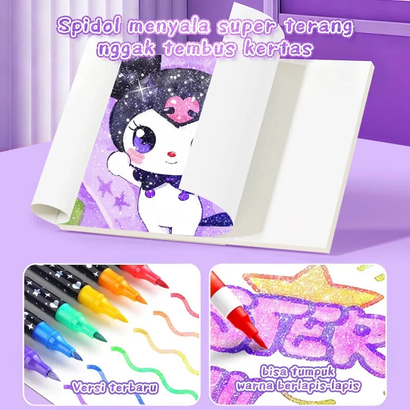 Aimilo Spidol Glitter Marker Set 2 Sisi 2 Warna Brush Pen 24/48/72/96 Warna Alat Gambar Anak