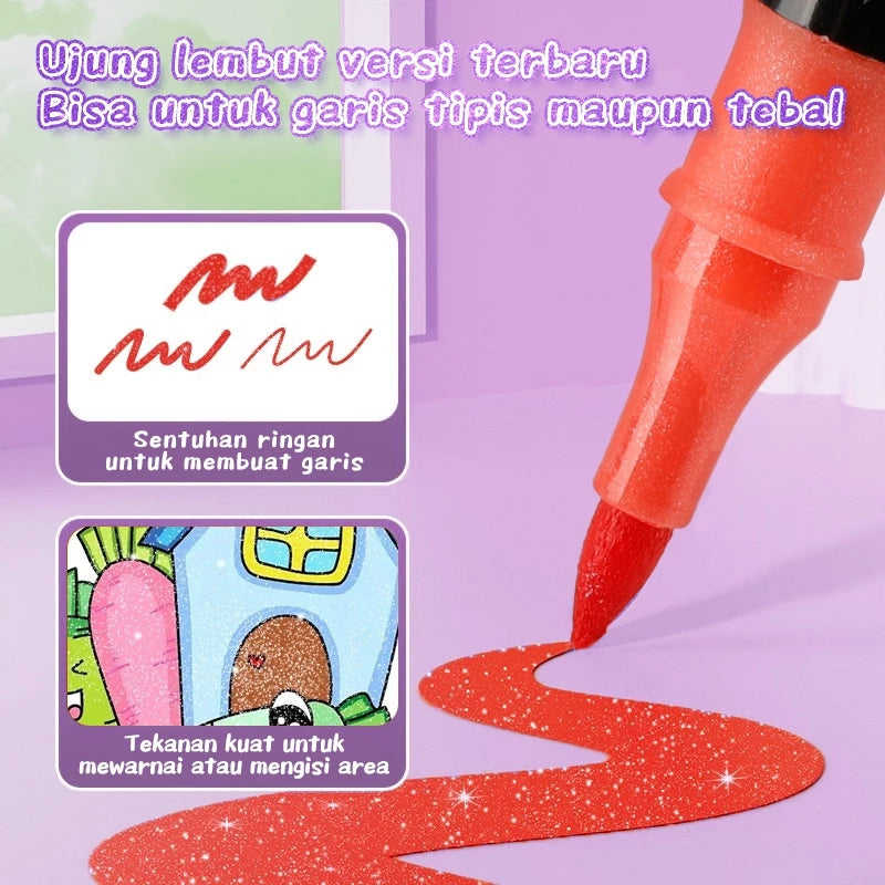 Aimilo Spidol Glitter Marker Set 2 Sisi 2 Warna Brush Pen 24/48/72/96 Warna Alat Gambar Anak