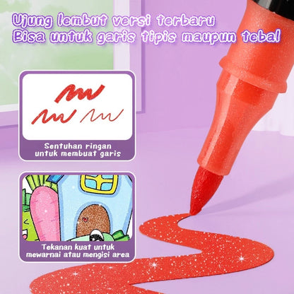 Aimilo Spidol Glitter Marker Set 2 Sisi 2 Warna Brush Pen 24/48/72/96 Warna Alat Gambar Anak