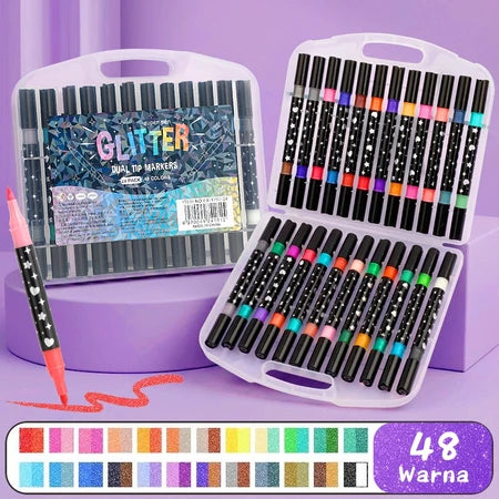 Aimilo Spidol Glitter Marker Set 2 Sisi 2 Warna Brush Pen 24/48/72/96 Warna Alat Gambar Anak