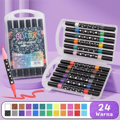 Aimilo Spidol Glitter Marker Set 2 Sisi 2 Warna Brush Pen 24/48/72/96 Warna Alat Gambar Anak