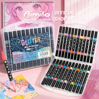 Aimilo Spidol Glitter Marker Set 2 Sisi 2 Warna Brush Pen 24/48/72/96 Warna Alat Gambar Anak