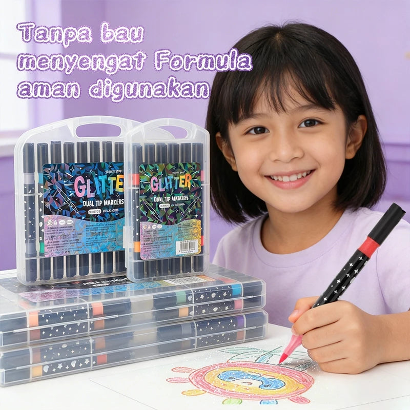 Aimilo Spidol Glitter Marker Set 2 Sisi 2 Warna Brush Pen 24/48/72/96 Warna Alat Gambar Anak