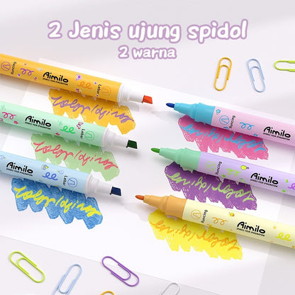 [READY] Aimilo Highlighter Pastel 1 Set Spidol Warna 2 Sisi 6 PCS 12 Warna