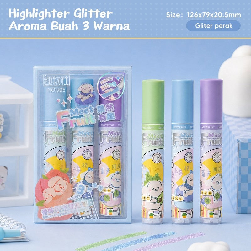 [READY] Aimilo Spidol Highlighter Glitter Beraroma Buah Isi 3 Warna Emas/Silver Spidol Warna Kapasitas Besar