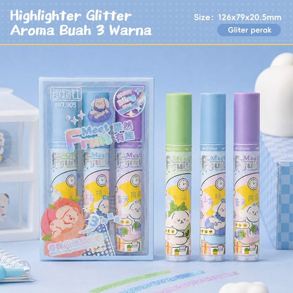 [READY] Aimilo Spidol Highlighter Glitter Beraroma Buah Isi 3 Warna Emas/Silver Spidol Warna Kapasitas Besar