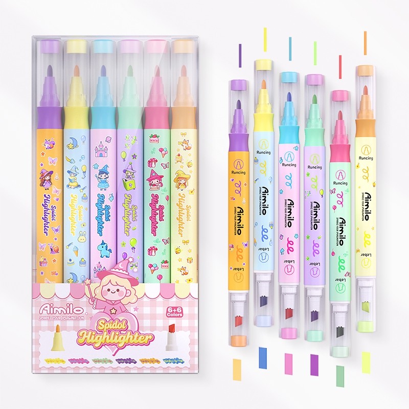 [READY] Aimilo Highlighter Pastel 1 Set Spidol Warna 2 Sisi 6 PCS 12 Warna
