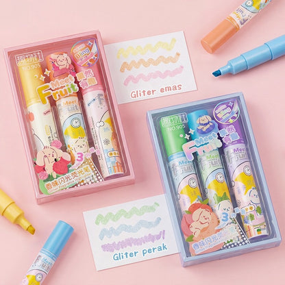 [READY] Aimilo Spidol Highlighter Glitter Beraroma Buah Isi 3 Warna Emas/Silver Spidol Warna Kapasitas Besar