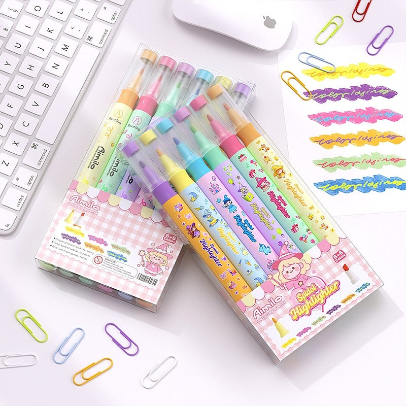 [READY] Aimilo Highlighter Pastel 1 Set Spidol Warna 2 Sisi 6 PCS 12 Warna