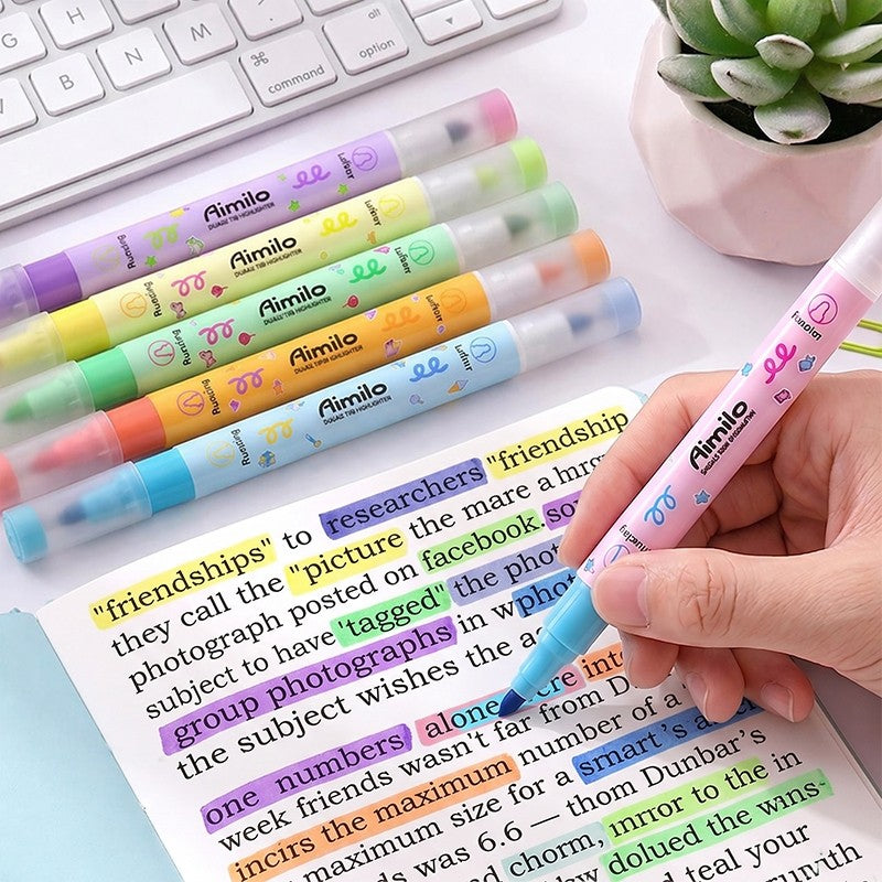 [READY] Aimilo Highlighter Pastel 1 Set Spidol Warna 2 Sisi 6 PCS 12 Warna