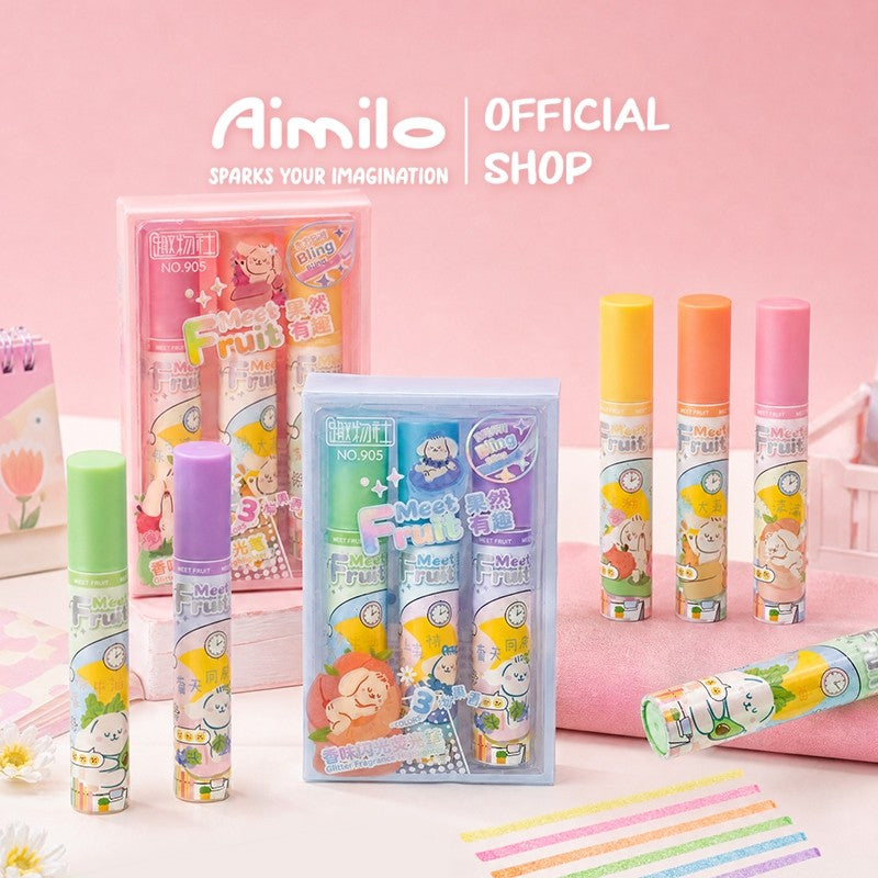 [READY] Aimilo Spidol Highlighter Glitter Beraroma Buah Isi 3 Warna Emas/Silver Spidol Warna Kapasitas Besar