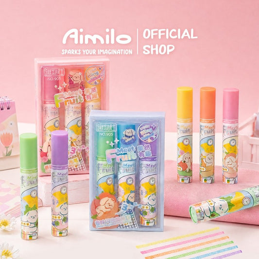 [READY] Aimilo Spidol Highlighter Glitter Beraroma Buah Isi 3 Warna Emas/Silver Spidol Warna Kapasitas Besar
