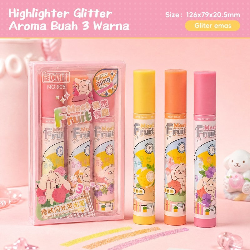 [READY] Aimilo Spidol Highlighter Glitter Beraroma Buah Isi 3 Warna Emas/Silver Spidol Warna Kapasitas Besar