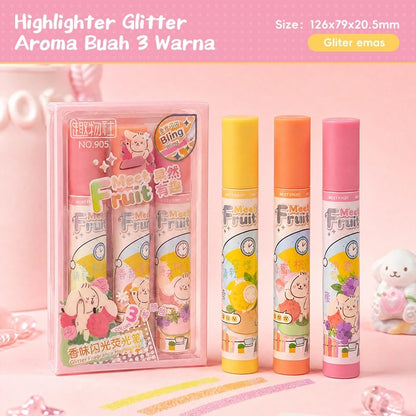 [READY] Aimilo Spidol Highlighter Glitter Beraroma Buah Isi 3 Warna Emas/Silver Spidol Warna Kapasitas Besar