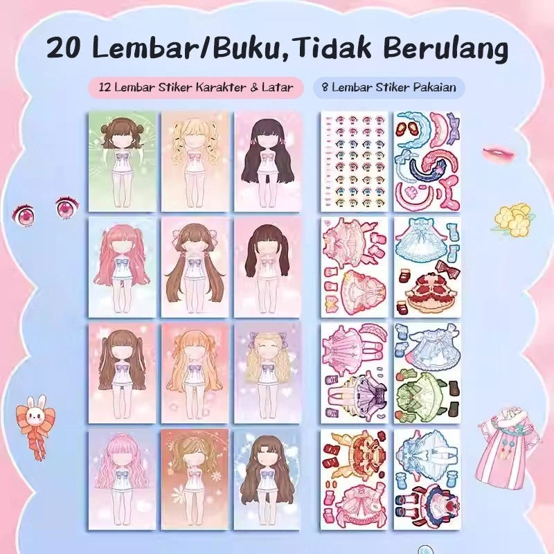 Aimilo Buku Stiker DIY Paket 4 PCS Sticker Dress Up Book Kartun Change Makeup Stiker Mainan Anak