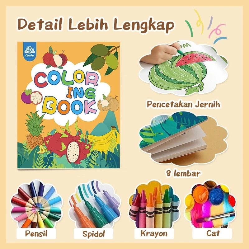 Aimilo Buku Mewarnai Anak Paket 4PCS Tema Berbeda Children Coloring Book 8 Lembar Lukisan Pencerahan