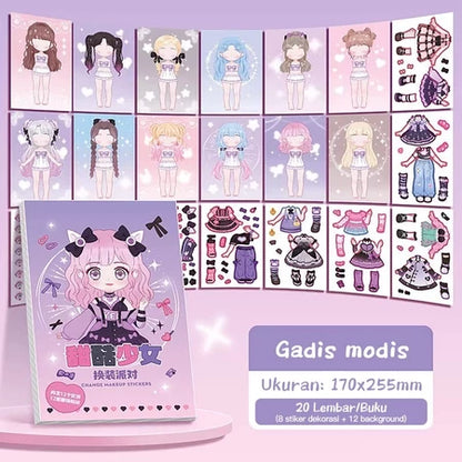 Aimilo Buku Stiker DIY Paket 4 PCS Sticker Dress Up Book Kartun Change Makeup Stiker Mainan Anak