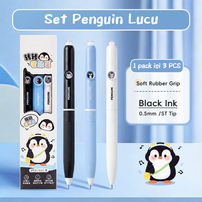 Aimilo Gel Pen Retractable Isi 3 PCS Pulpen Gel Lucu 0.5mm Tekan Ganti Wajah Anak Sekolah